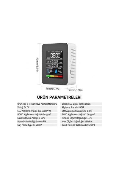 Dijital 5'i 1 Arada Hava Kalitesi Ölçüm Cihazı Ve Gaz Dedektörü