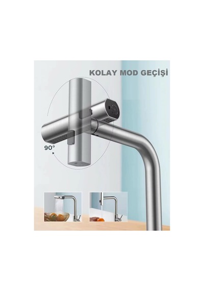 Rena Design Çok Modlu Inox Mutfak Evye Bataryasi Mat Gri Musluk Spiralli Çek Birak Başlik Yağmurlama