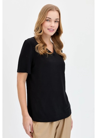 Desen Triko Kadın V Yaka Flamlı Kumaş Basic T-shirt Kmy24085 Siyah