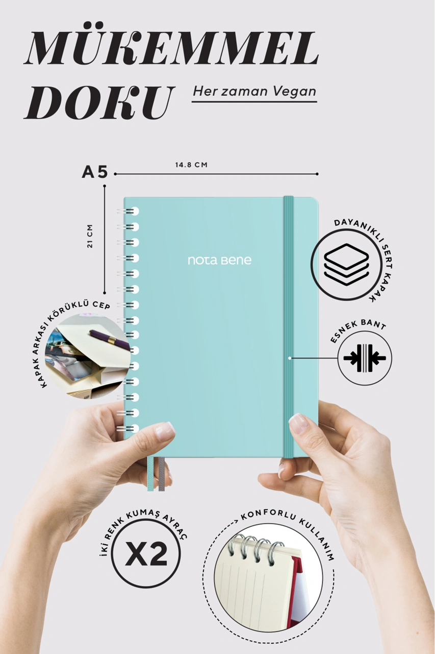 Nota Bene Spiralli Premium Sert Kapak Defter, 14.8x21 Cm, Çizgili Mavi