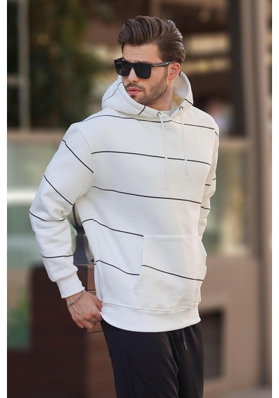 Madmext Ekru Kapüşonlu Cep Detaylı Çizgili Erkek Sweatshirt 7063 Ekru