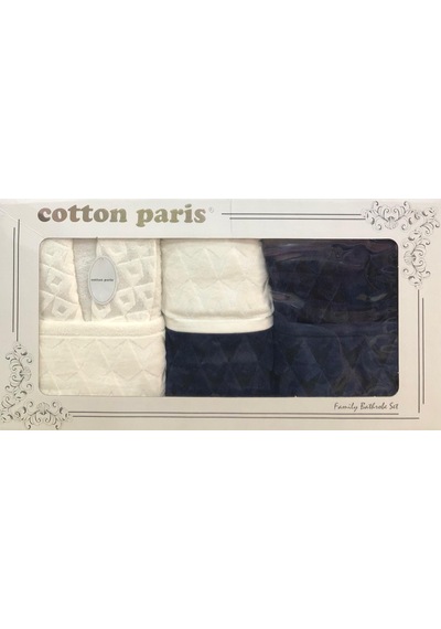 Royam Cotton Paris Jakarlı Pamuklu 6 Parça Aile Bornoz Seti Lacivert