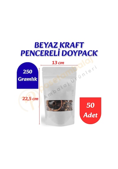 Beyaz Kraft Pencereli Doypack 13x22,5x7 Cm 50 Adet