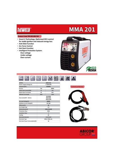 Tieweld Mma201 İnverter Kaynak Makinası + El Kaynak Maskesi + 100 Adet 250x350mm Elektrod