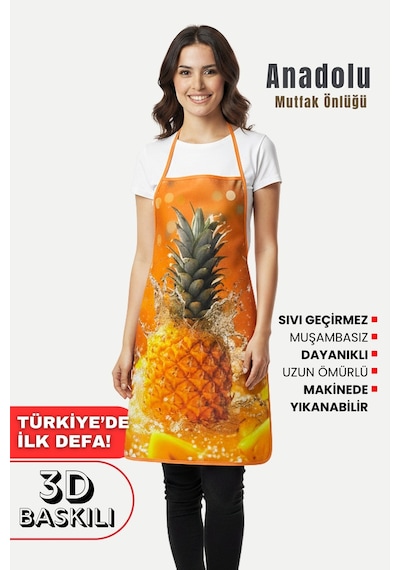 Anadolu 3 Boyutlu Mutfak Önlüğü 3d Baskılı Mutfak Önlüğü Sıvı Su Geçirmez Mutfak Önlüğü Ananas