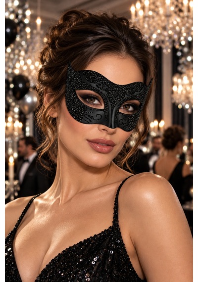Siyah Simli Venedik Maskesi Desenli Bağcıklı Yılbaşı Halloween Cadılar Bayramı Parti Maskesi