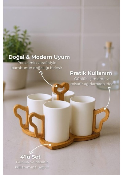 Bambum Fugu - Bambu Standlı 4'lü Kupa Seti Beyaz