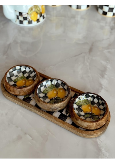Crearthome Linda 4 Lü Çerezlik Seti Mango Ağacı Servis Sunum Tabağı Limon Desen Miss9663-43 çok renkli