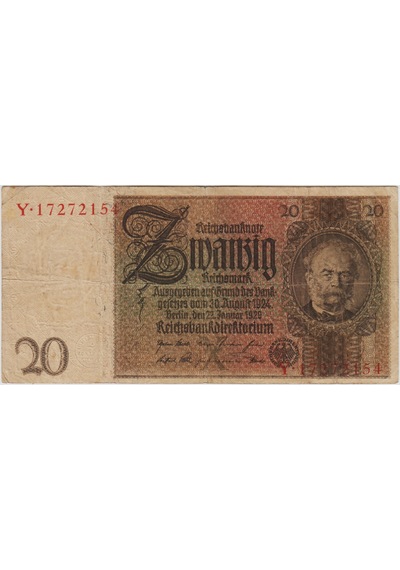 Almanya 20 Mark 1929 Nazi Dönemi 1931-48 Arası Kullanılmıştır. Çok Temiz -