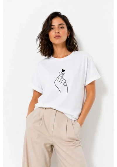 Efnaz Style Kore Parmak Kalp Aşk Temalı Minimal Baskılı Tişört Yazlık Kısa Kol T-shirt - Beyaz