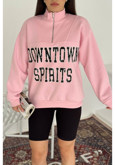 Noa & Noa Kadın Fermuarlı Baskılı Sweatshirt Downtown Energy Pembe