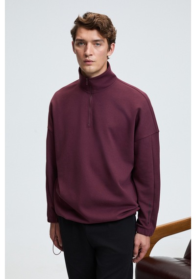 Grimelange EDISON Erkek Yarım Fermuarlı Kolu Baskılı Dik Yaka Bordo Sweatshirt