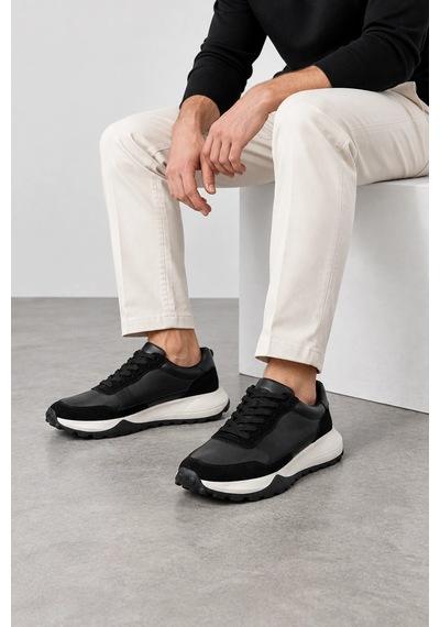 Ht Hotin Rexton Erkek Hakiki Deri Bağcıklı Günlük Sneaker Ayakkabı - Siyah