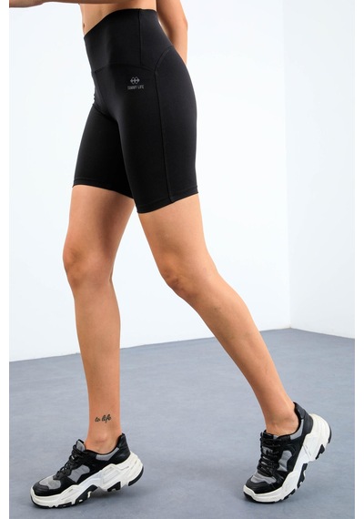 Tommylife Siyah Yüksek Bel Toparlayıcı Dar Kalıp Crop Biker Kadın Tayt Takım - 95302