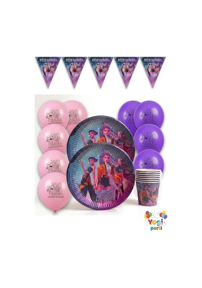 K-pop Baskılı Tabak Bardak Flama Balon Seti 8 Kişilik Set Parti Malzemeleri Mor Tüm Yaşlar