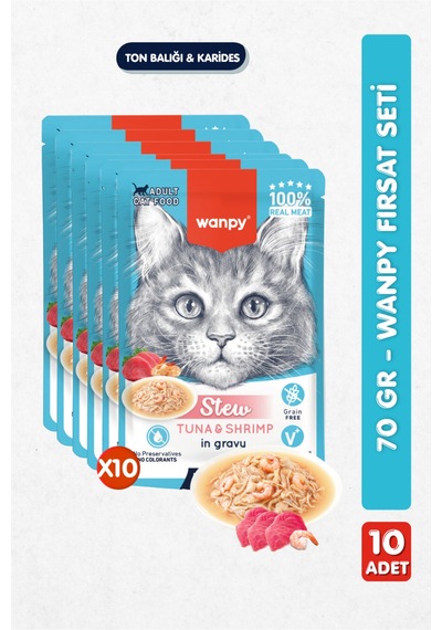 10lu Yetişkin Kedi Yaş Maması Ton Balığı & Karides Premium Kalite 10 X 70 Gr
