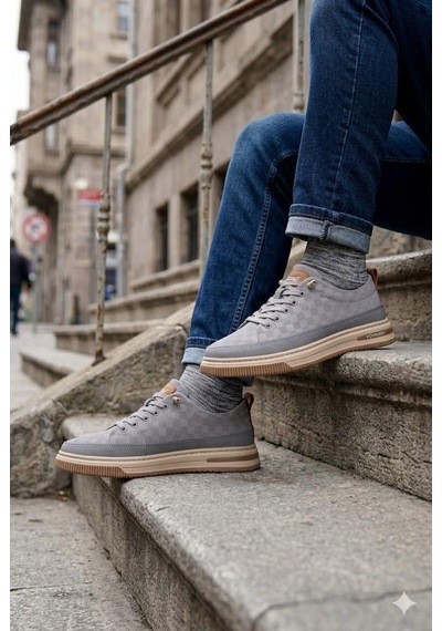 Pepita E385 Rahat Hafif Keten Özel Tasarım Spor Sneaker Erkek Ayakkabı Gri