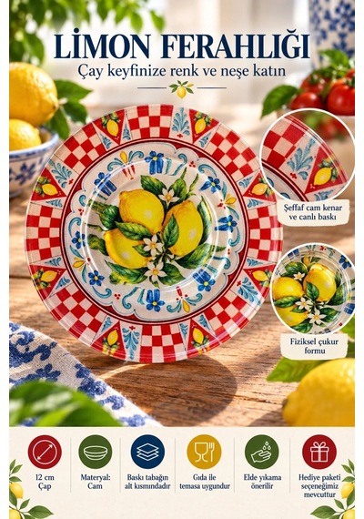 6 Lı Cam Çay Tabağı Limon Ve Kırmızı Dama Desenli 12 Cm 6 Adet Çay Tabak Sarı