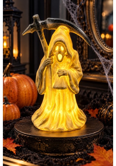 Halloween Cadılar Bayramı Led Işıklı Azrail Figürü Oraklı Kapüşonlu Gün Işığı Masa Süsü 18 Cm Renkli