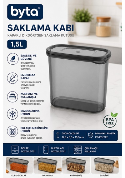 1,5 L Kilitli Vakum Kapaklı Erzak Saklama Kabı Bpa Free Mutfak Düzenleyici Gıda Saklama Kutusu Şeffaf