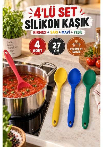 4'lü Set Kırmızı Sarı Mavi Yeşil, Büyük Boy Silikon Kaşık Seti 27 Cm, Yemek Pişirme Ve Servis Kaşığı