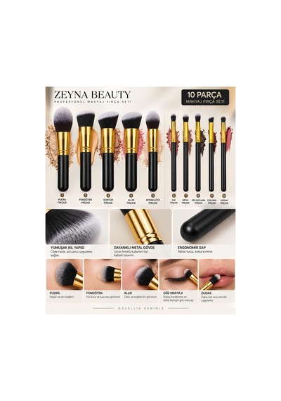 10 Parça Makyaj Fırça Seti- Siyah/gold 10 Pcs Make Up Brush Set Black/gold - 62163784