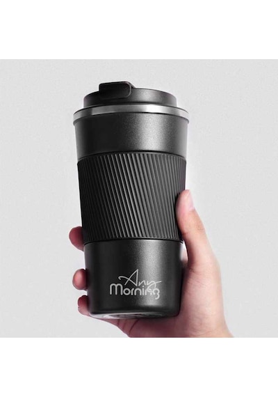 Any Morning Ba21549 Paslanmaz Çelik Termos Mug 500 Ml Siyah, Kaymaz Silikon Halka, Sızdırmaz Kapak