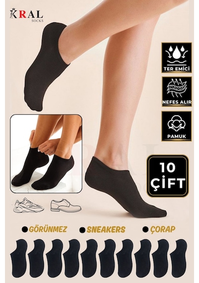 Kral Socks Kadın Pamuklu Terletmez 10'lu - 10 Çift Yazlık Görünmez Çorap Siyah