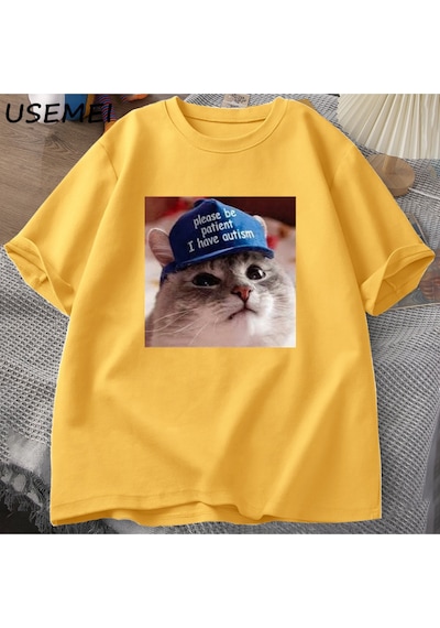 Flood Of Style Lütfen Sabırlı Olun Ben Otizm Kedi Grafik T Shirt Erkek T-shirt Adam Giysileri Kısa Kollu Pam Sarı