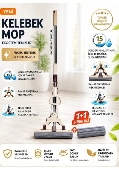 Dofix Kelebek Sıkma Mekanizmalı Mikrofiber Mop Sünger Sıkmalı Temizlik Mopu Uzun Boylu 1+1 Yedek Süngerli
