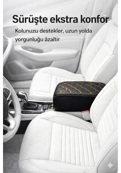 Lüks Oto Kolçak Kol Dayama Koltuk Arası Organizer Cepli Vidasız Montaj Siyah Deri Sarı Dikiş