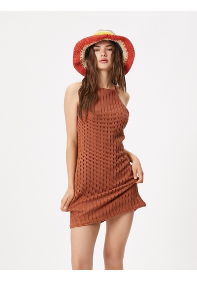 Koton Mini Triko Elbise Bodycon Kolsuz Halter Yaka Dar Kesim Kahverengi 3sal80197ık Kahve