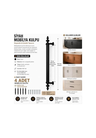 Siyah Dolap Çekmece Kulpu 128 Mm Mobilya Mutfak Banyo Dolabı Kulpu - 4 Adet Çok Renkli