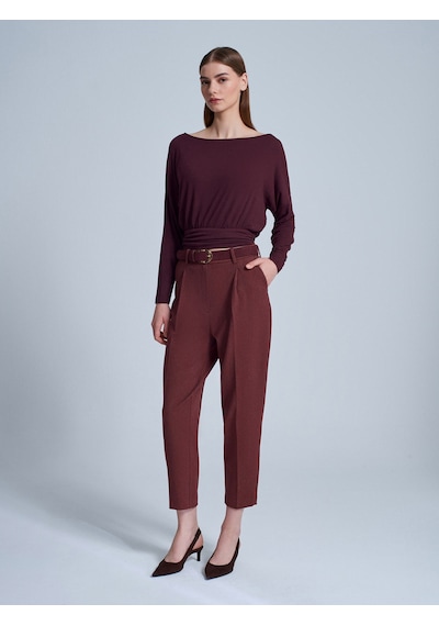 Dilvin 72193 Süet Kemerli Pensli Kumaş Pantolon-bordo Bordo