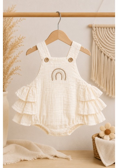 Mnk Baby & Kids Gökkuşağı Detaylı %100 Pamuk Müslin Bebek Tulum M00852 ekru