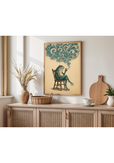 Tuhaf Sigara İçen Kurbağa Sanat Baskısı Japon Minimalist Sürreal Zen Dekorasyonu