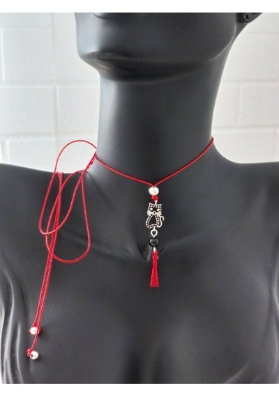925 Ayar Gümüş Zirkon Taşlı Kırmızı İp Kedi Püskültasarım Choker Kadın Kolye Beyaz - Gümüş 925 Ayar Gümüş Zirkon Taşlı Kırmızı İp Kedi Püskültasarım Choker Kadın Kolye Beyaz - Gümüş