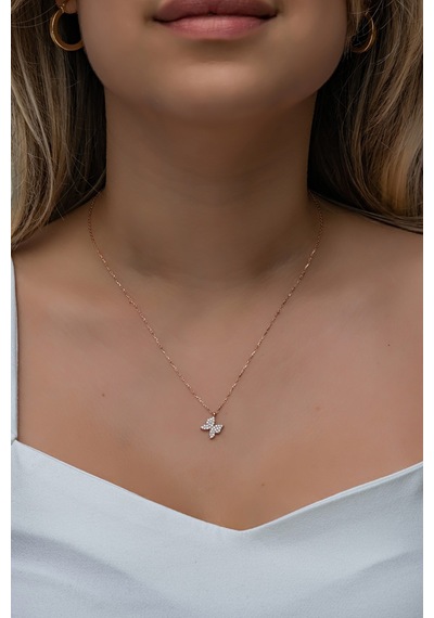 Nereze 925 Ayar Gümüş Rose Zirkon Taşlı Minik Kelebek Kolye