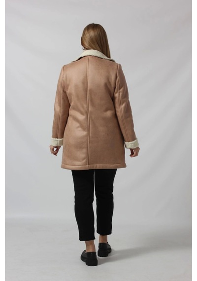 Moda Berray 3262 Uzun İçi Kürklü Boğazı Kemer Detaylı Kaban Vizon Kahverengi