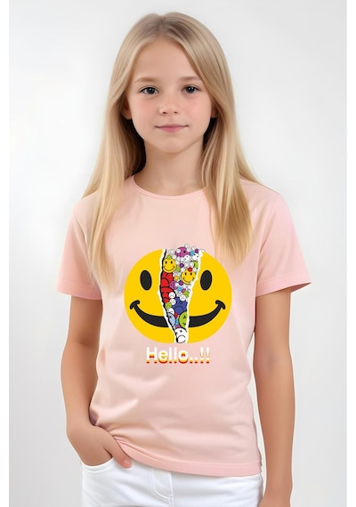 Panios Kids Emoji Baskılı Kız Çocuk Kısa Kollu T-shirt Somon