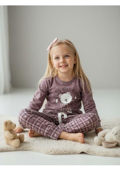 Kız Çocuk Pamuklu Ekose Desenli Ayıcıklı Pijama Takımı-16826 Mor