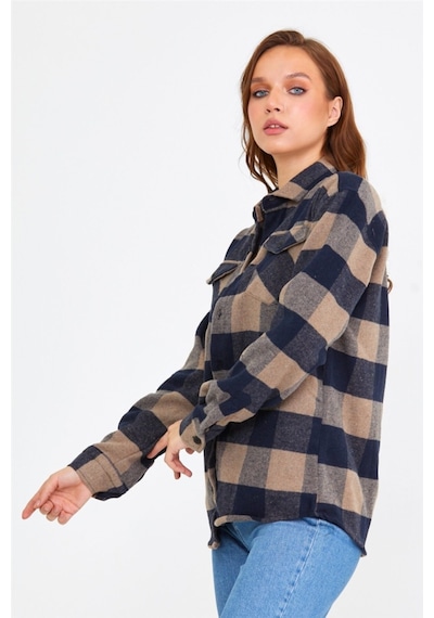 Tarz Cool Kadın Kahverengi-siyah Slim Fit Cepli Ekoseli Oduncu Gömlek-kkkodg001r04s Kahverengi-siyah