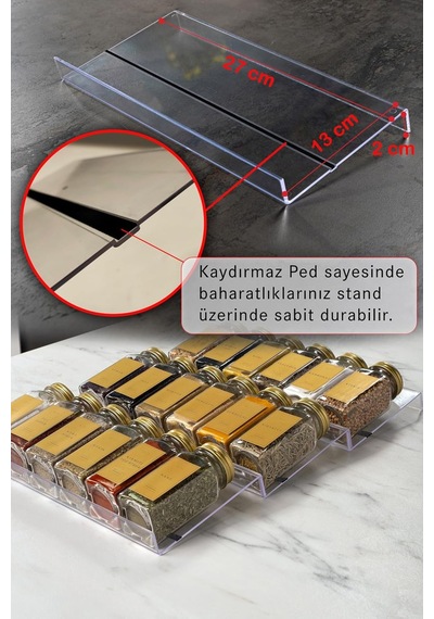 Şeffaf Pleksi Standlı 18'li Cam Baharatlık Seti, Gold Kapak Ve Etiketli Baharatlık Takımı Mh02gld18 Diğer