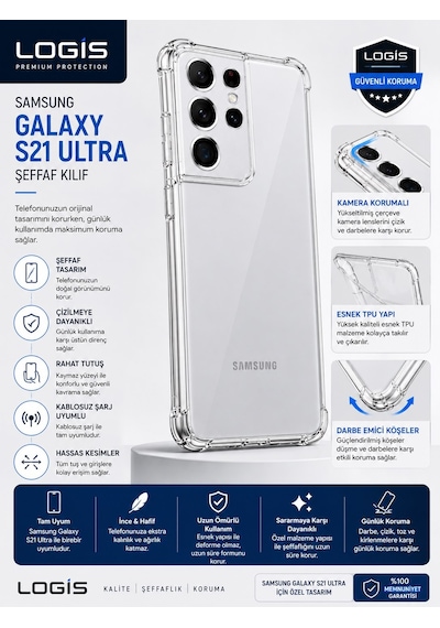 Logis Samsung Galaxy S21 Ultra Uyumlu Şeffaf Silikon Kılıf Kamera Korumalı Darbe Emici Esnek Tpu