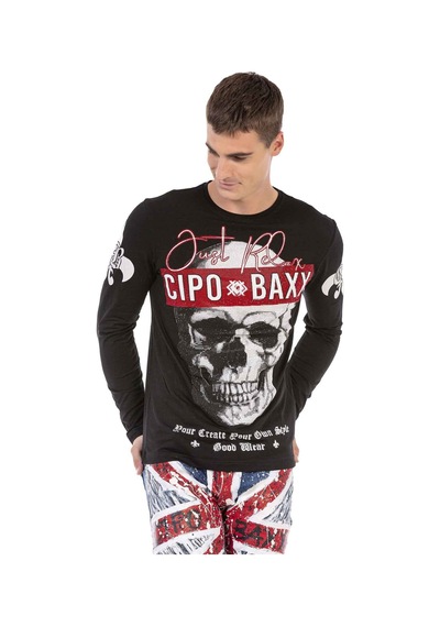 Cipo & Baxx CL454 Taşlı Kurukafa İnce Siyah Sweatshirt Siyah
