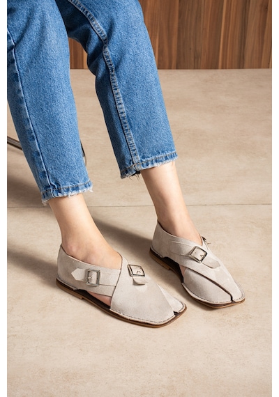 Duxal Shoes Cooper İçi Hakiki Deri Süet Kadın Sandalet Tokalı Günlük Rahat Ayakkabı - Babet Bej