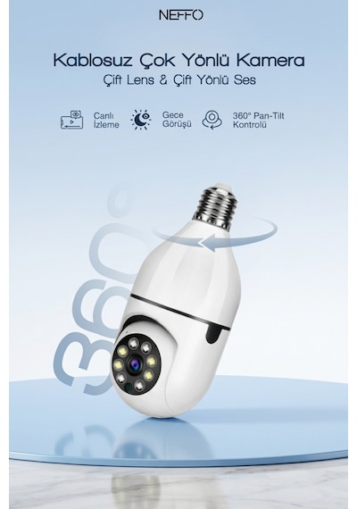 Gece Görüşlü 360 Derece Led Işık 1080p Wifi Kamera Kablosuz Panoramik Balıkgözü Ampul Kamera