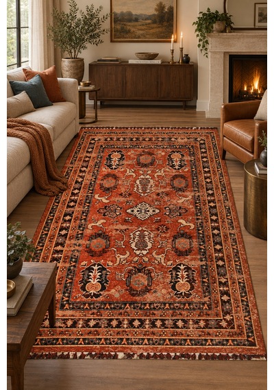 Gireh Firuze Kiremit Nostaljik Kilim Robot Süpürge Uyumlu Saçaklı Oturma Odası Salon Kolay Temizlenebilir Hali