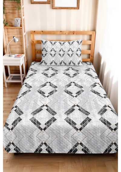 Gri Geometrik Bohem Tek Kişilik Pike Takımı - Antrasit Bej Çizgili 160x220 Cm Mevsimlik Yatak Örtüsü Masalsı Misk Havası