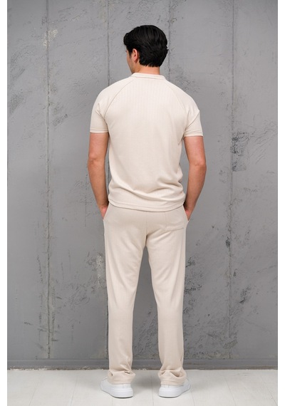 Mass Plus Regular Fit Likralı Kendinden Çizgili Yarım Baggy Pantolonlu T-shirt Takım Krem